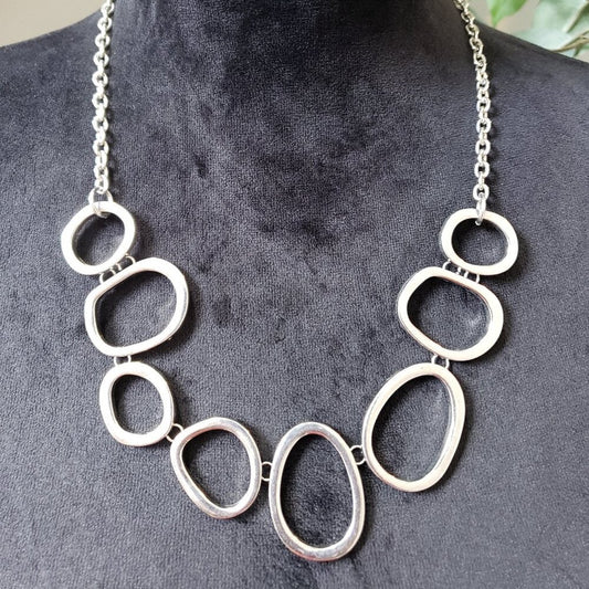 Women Silver Tone Large Open Abstract Cascading Shapes Necklace w/ Lobster Clasp