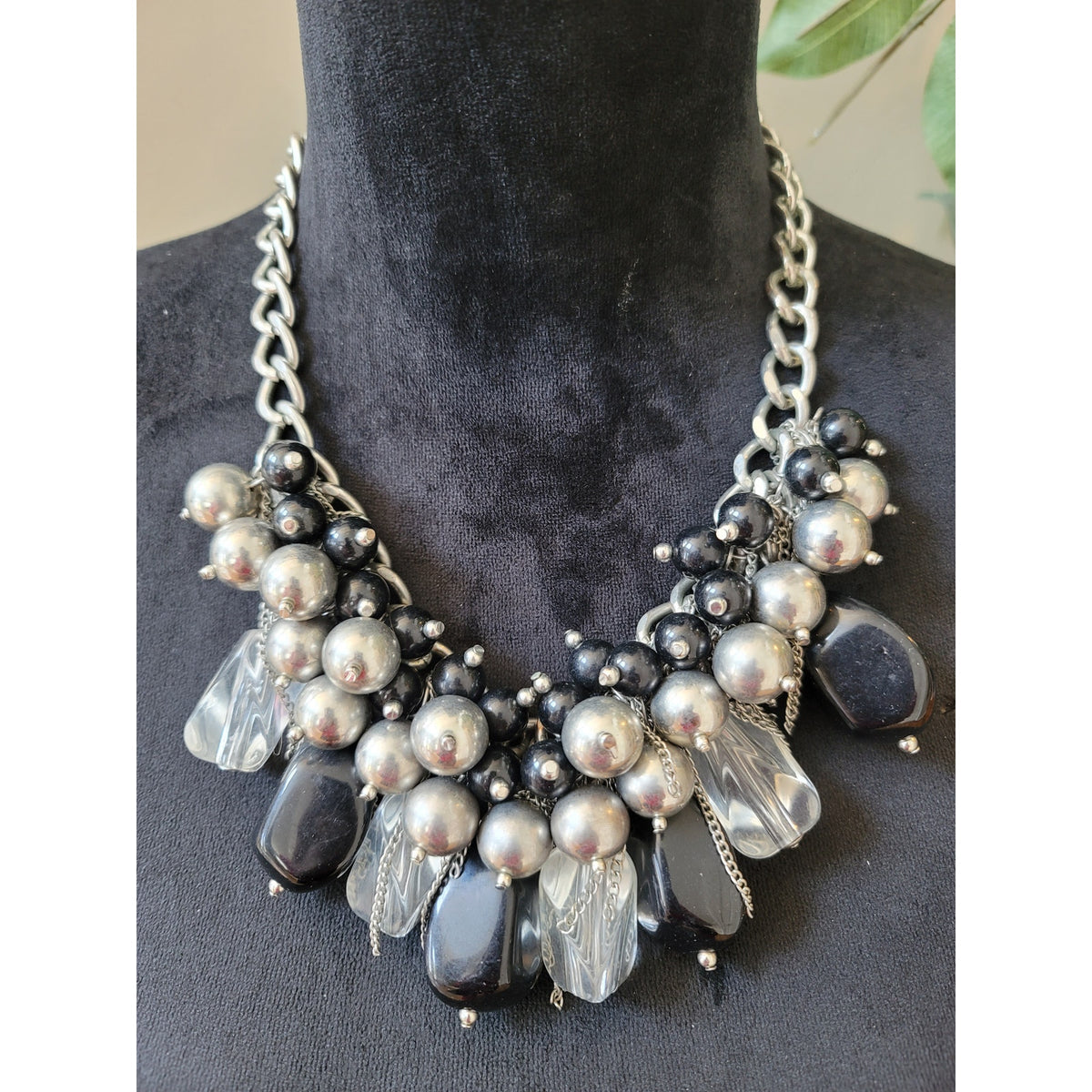 Women's Chunky Silver Black Beaded Statement Necklace with Lobster Clasp Chain