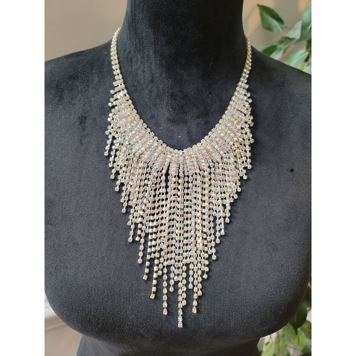 Women's Silver Tone AB Rhinestone Fringe Bib Statement Necklace Jewelry