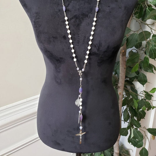 Women White Glass Beaded Patients Patron Saint Pendant Necklace w/ Lobster Clasp