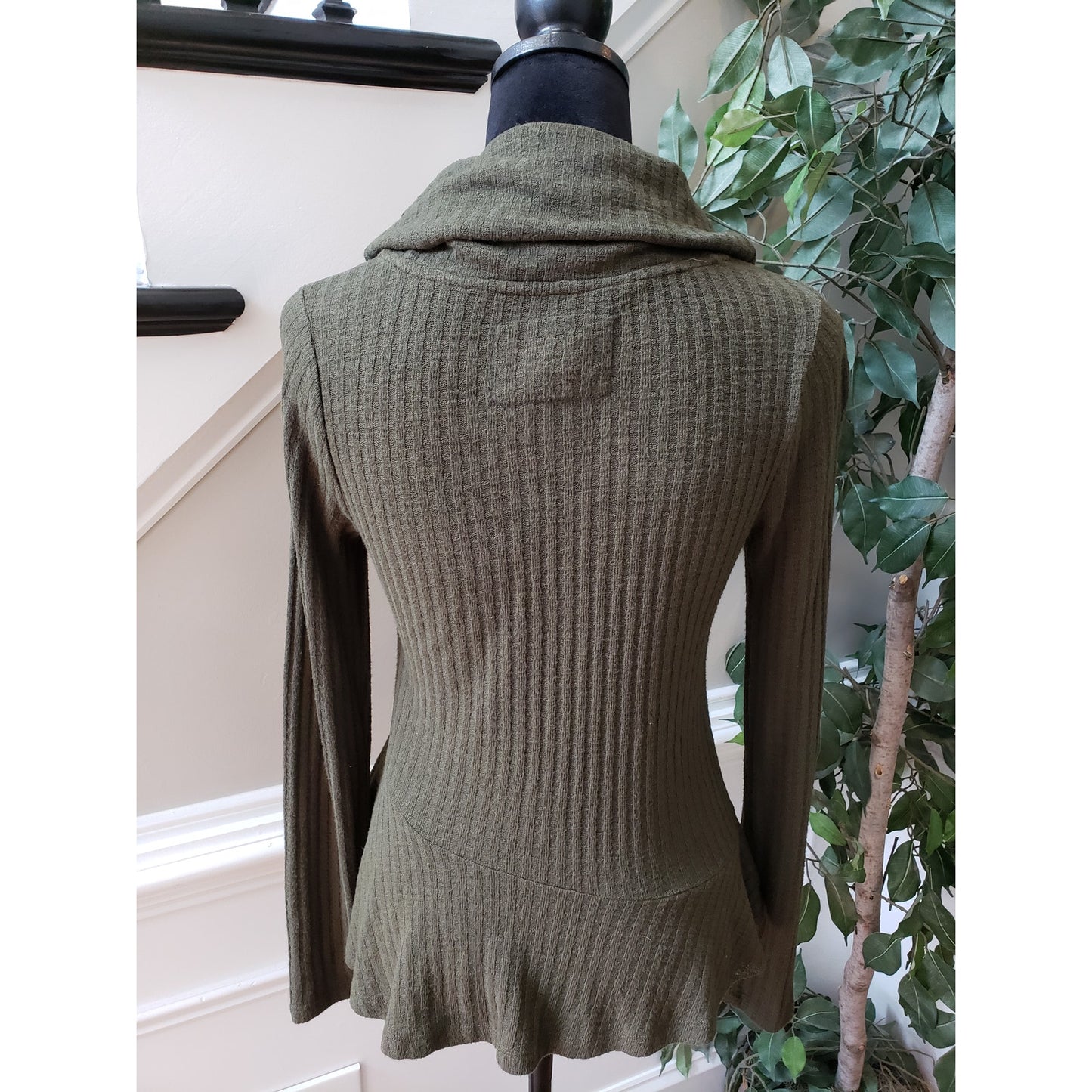 Maeve by Anthropologie Sweater Womens XS Green Cowl Neck Ribbed Peplum Hem