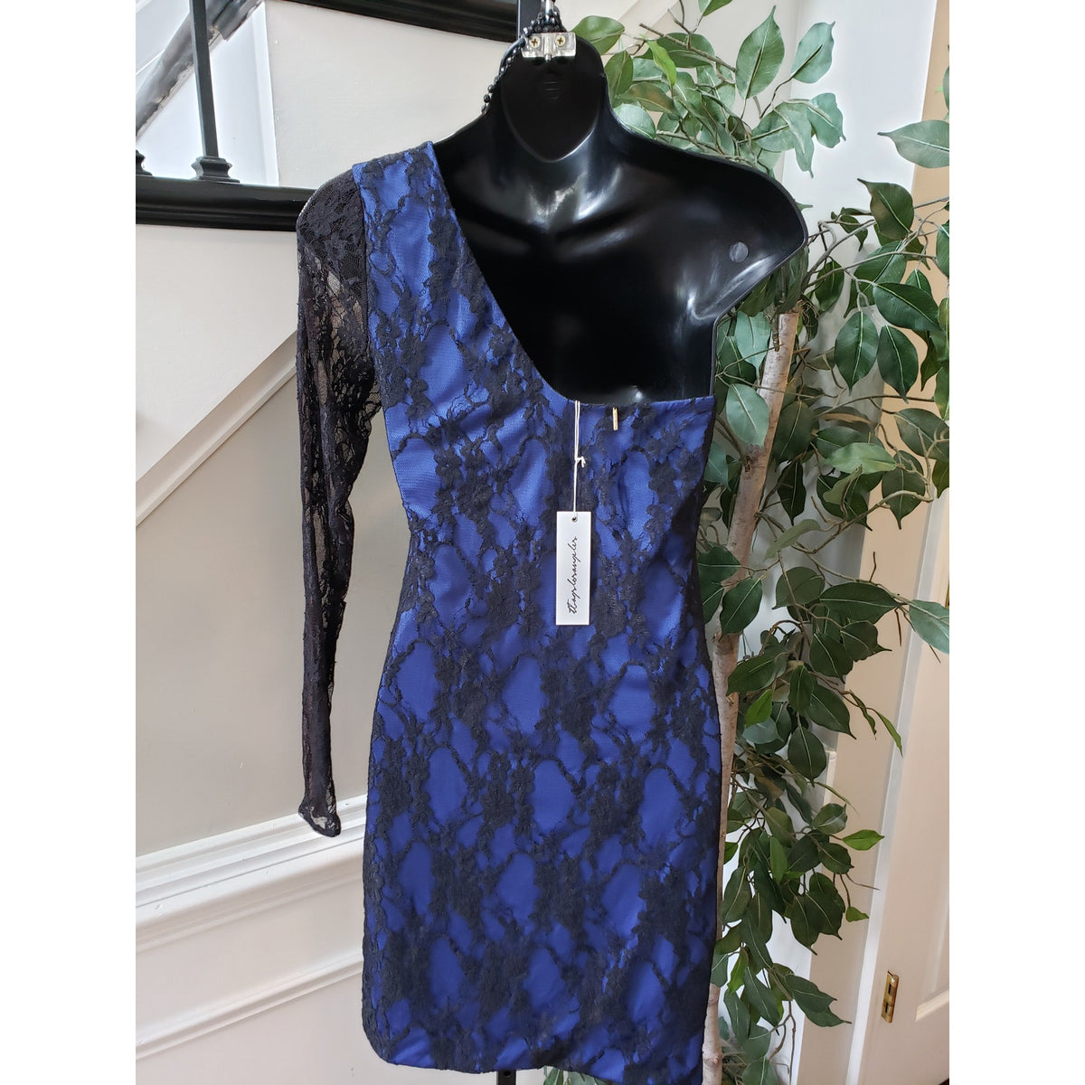 T Bags Los Angeles Cocktail Dress Women Small Black Blue Nylon One Shoulder Off