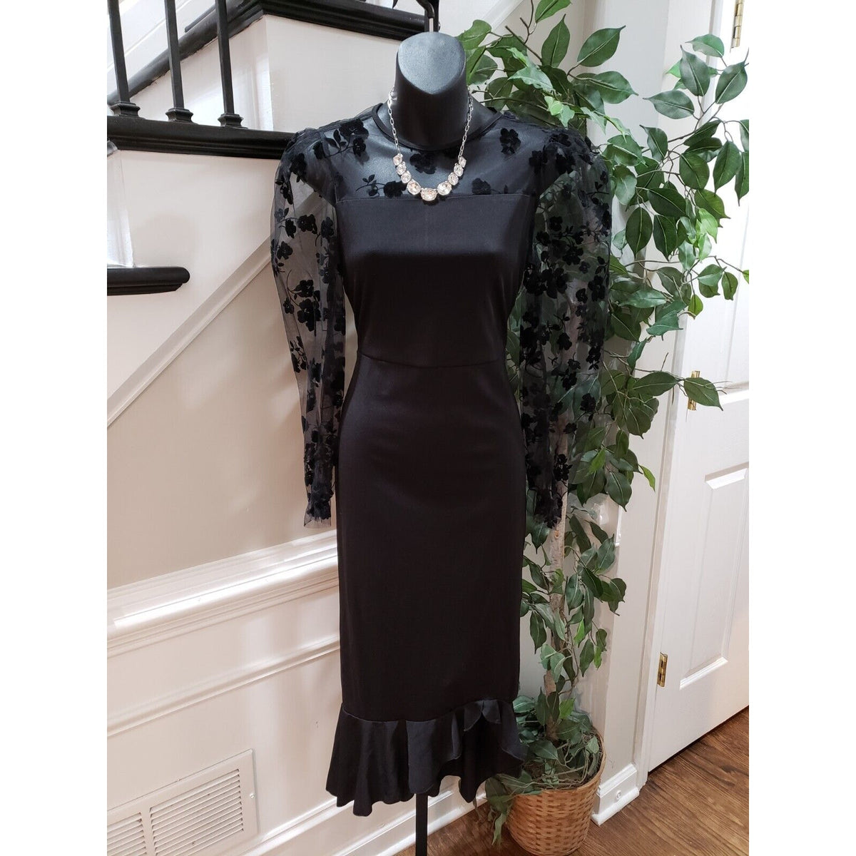 SHELN Women Black Lace Floral Ruffle Back Zip Long Sleeve Long Maxi Dress US 6