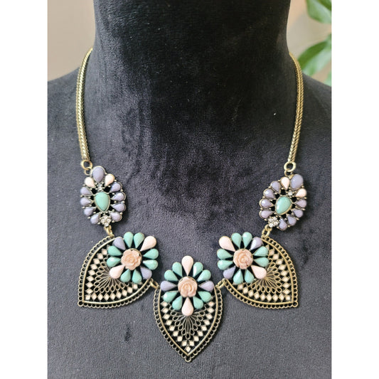 Women's Vintage Style Floral Statement Necklace Mint Purple Rose Bib Gold Tone