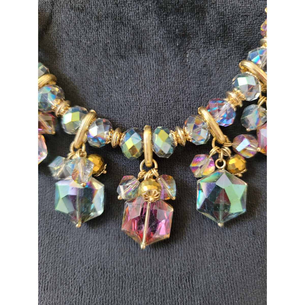 Women's Gold Chain Necklace With Iridescent Crystal Beads And Lobster Clasps
