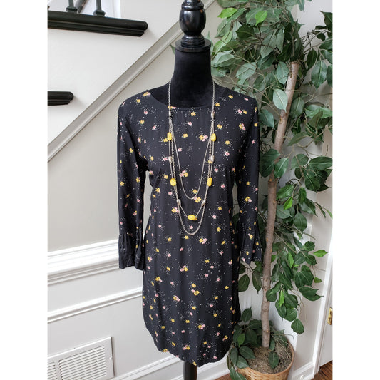 Old Navy Shift Dress Womens Medium Black Floral Rayon Flared Sleeve Keyhole Back