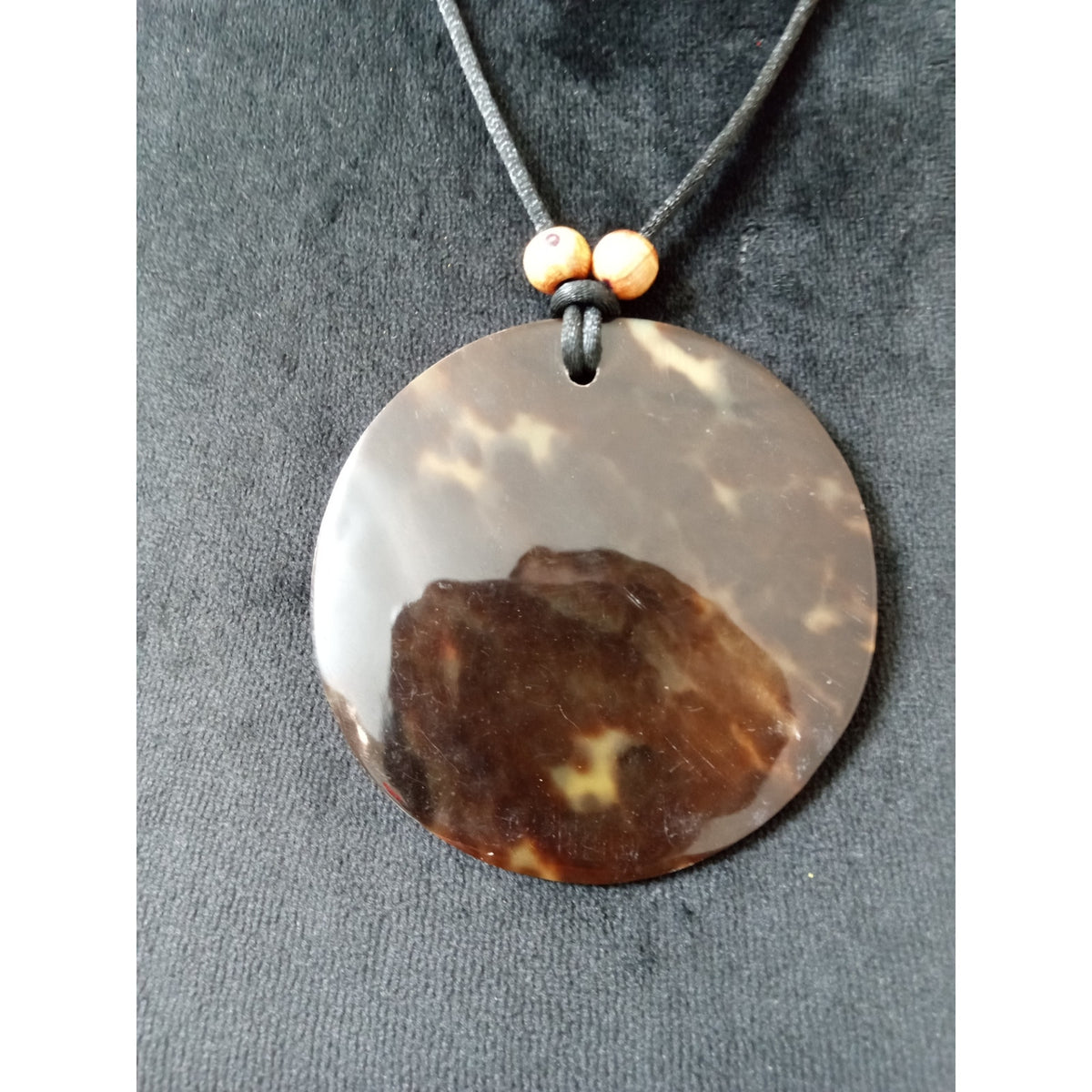 Brown Shell Disc Pendant Necklace Black Cord Boho Natural Statement Necklace
