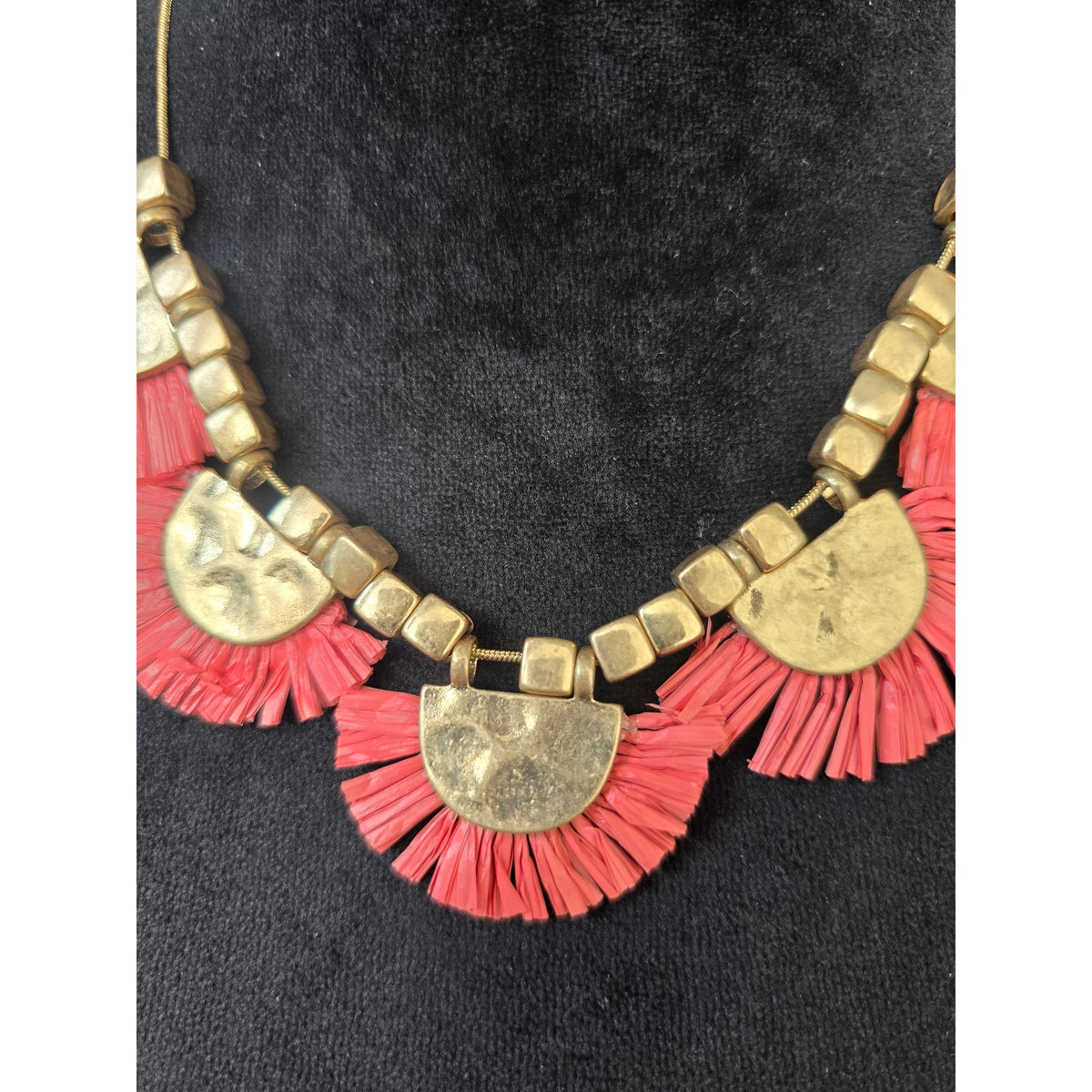 Coral Fringe Gold Disc Statement Necklace