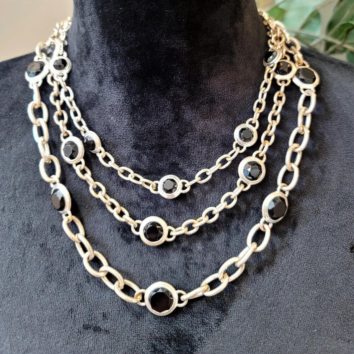 Womens Black Rhinestone 3 Layer Link Chain Necklace Jewelry with Lobster Clasp