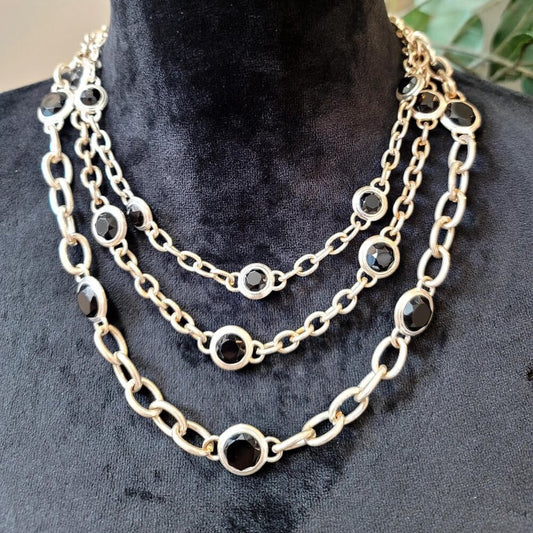 Womens Black Rhinestone 3 Layer Link Chain Necklace Jewelry with Lobster Clasp