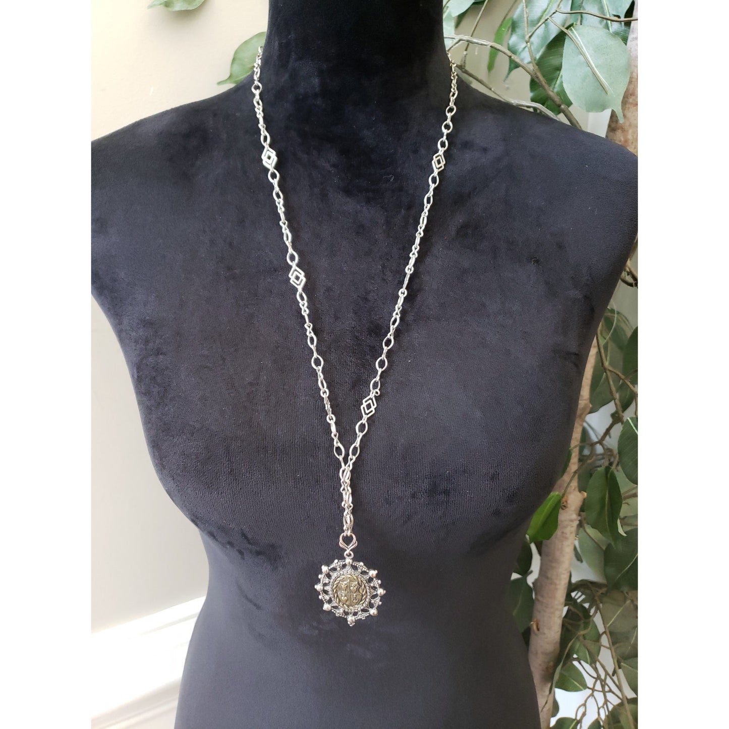 Womens Antique Silver Tone Encrusted Symbols Revival Pendant Geo Chain Necklace