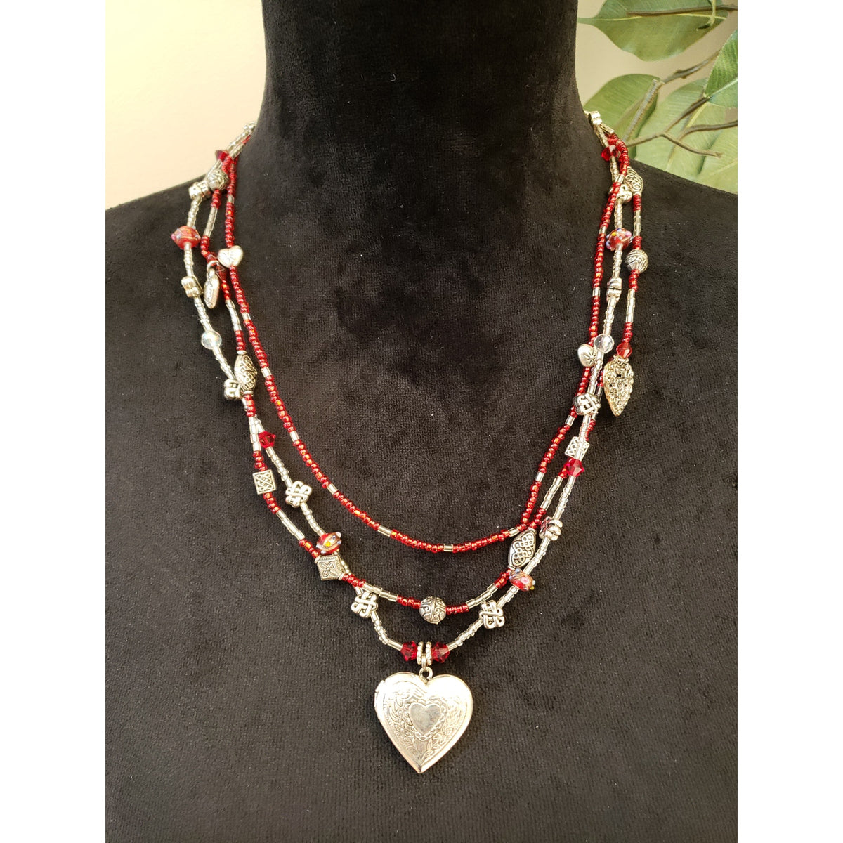 Red & Silver Tone Multi Strand Beaded Necklace Heart Locket Pendant Boho Style