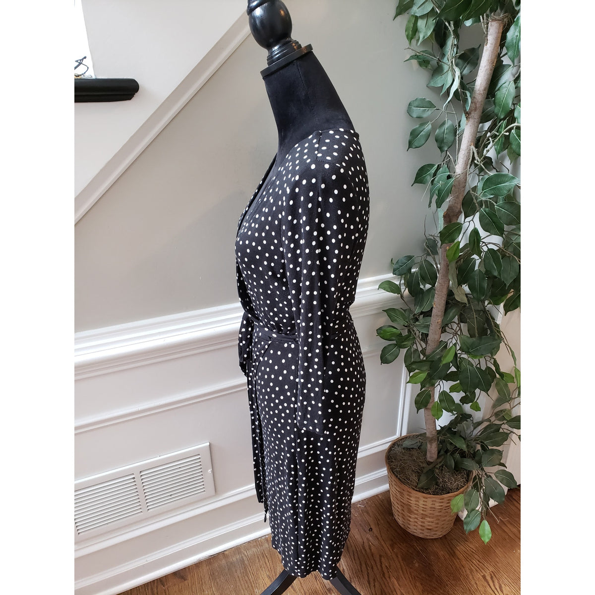 A New Day Polka Dot Dress Women's M Black White Wrap Belted Long Sleeve