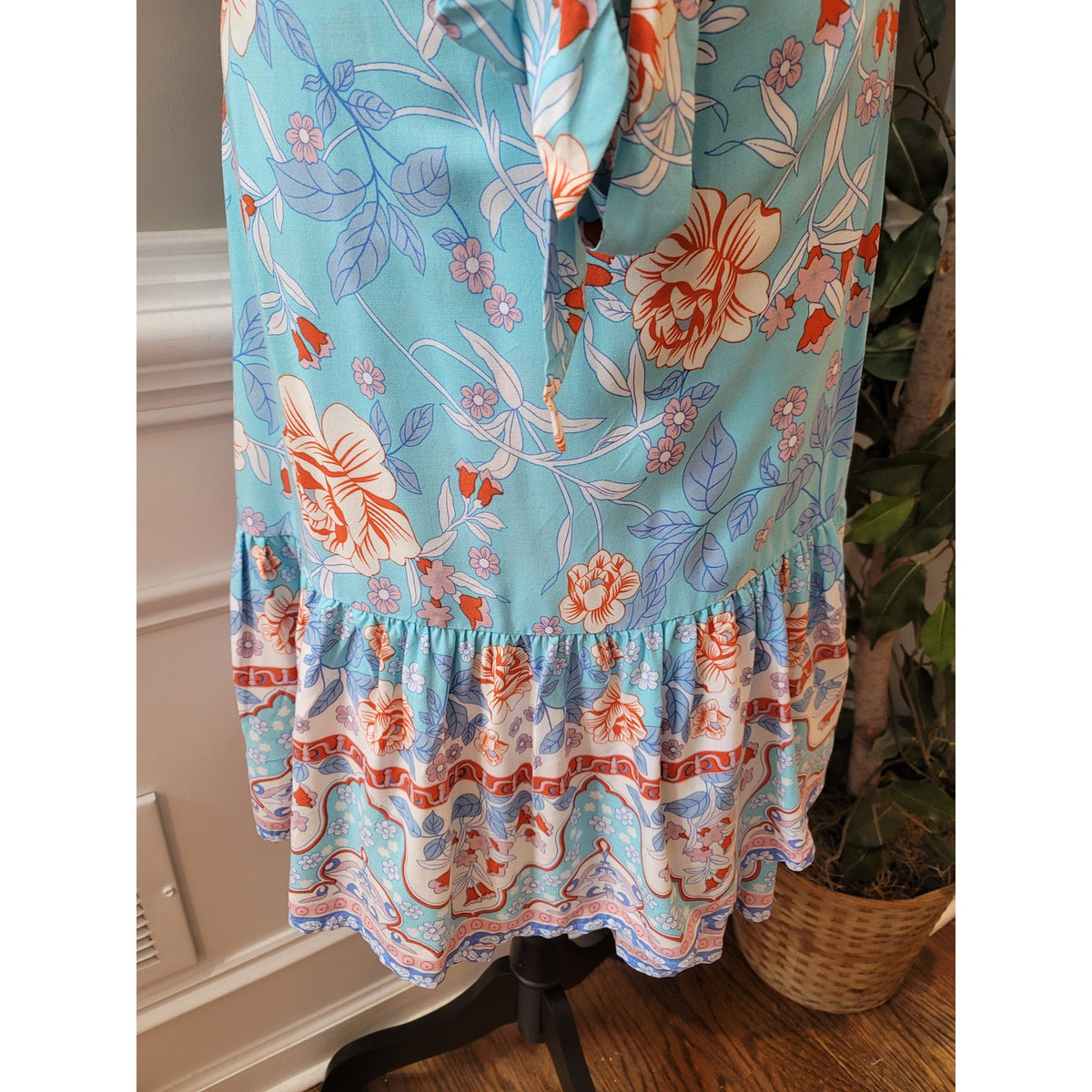 Zesica Dress Womens XL Blue Floral Wrap Short Sleeve Boho Midi Summer Rayon