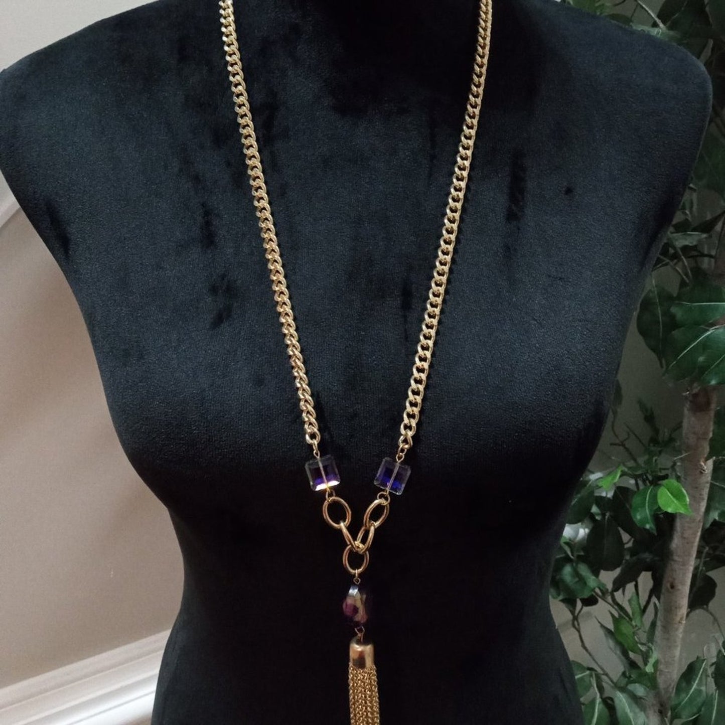 Women Fashion Elegant Blue Rhinestone Beads Gold Tone Tassel Pendant Necklace