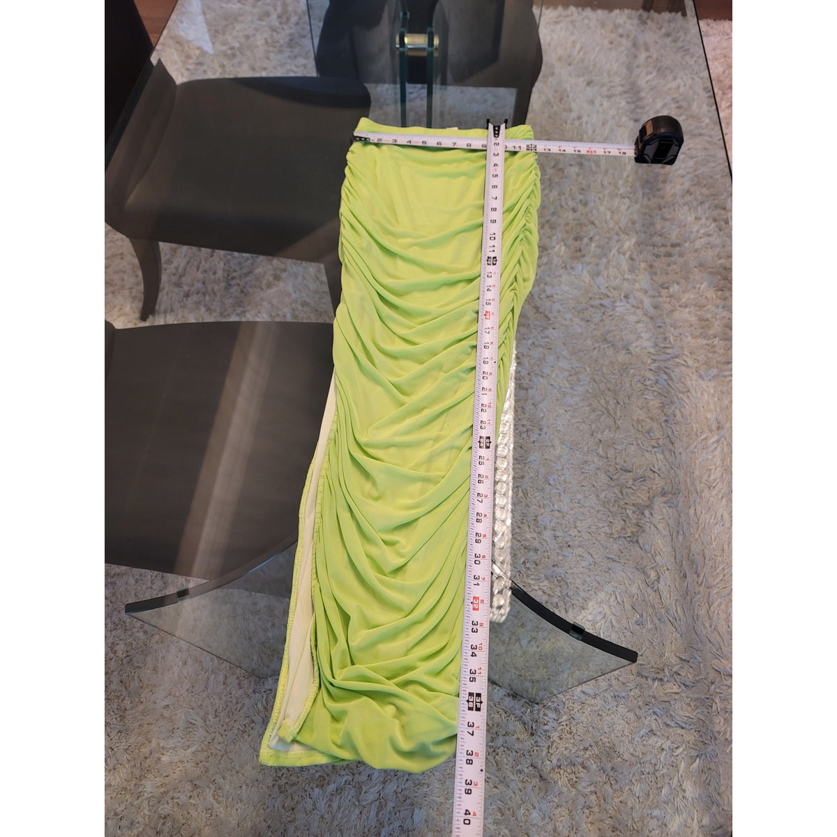 Fashion Nova Ruched Maxi Skirt Women's Medium Lime Green High Slit Fully Lined