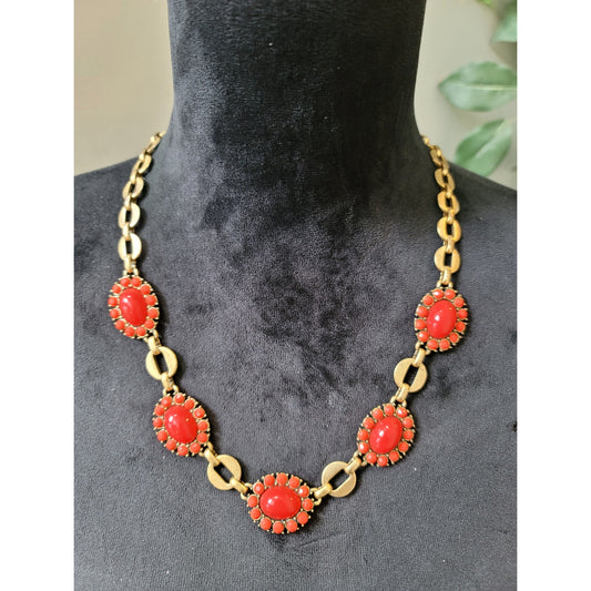 Women's Red Coral Gemstone Necklace Gold Link Chain Vintage Style Lobster Clasp