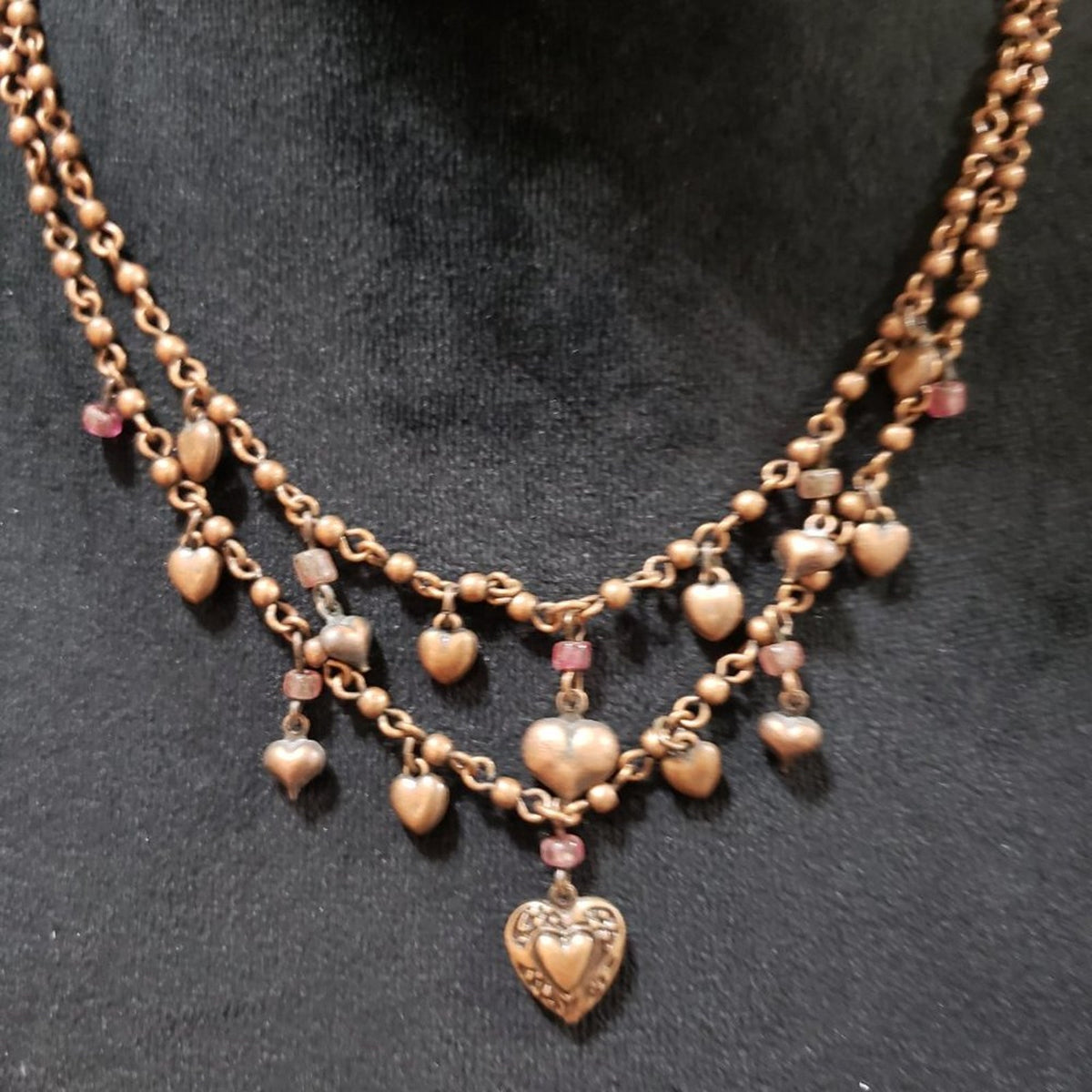 Womens Copper Tone Heart Charm Double Strand Collar Necklace with Lobster Clasp