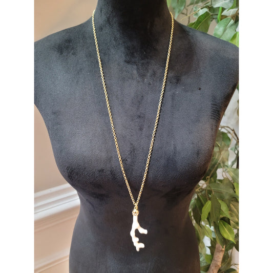 Women's White Coral Branch Necklace with Gold Chain and Crystal Accent