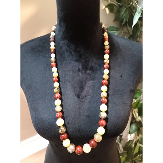 Women's Multi-Colored Bead Necklace with Red, Yellow, and Brown Stone Beads