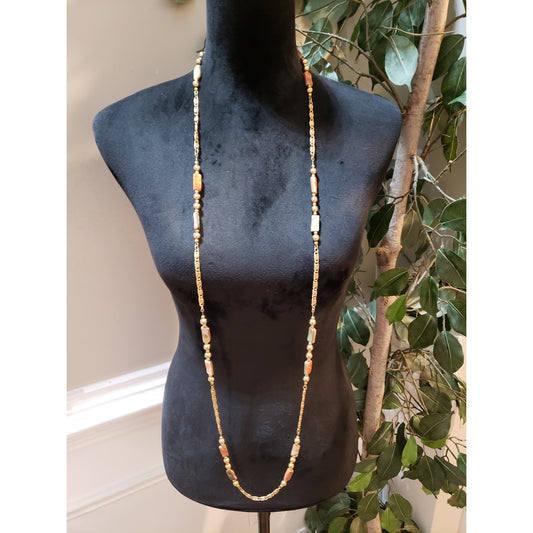 Womens 2 Strand Gold Tone Abalone Stone Metal Beads Paperclip Chain Necklace