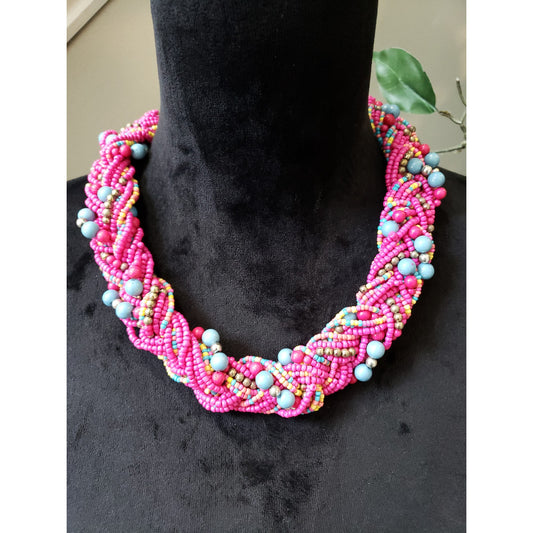 Women's Twisted Seed Bead Necklace Multicolor Bold Style Lobster Clasp