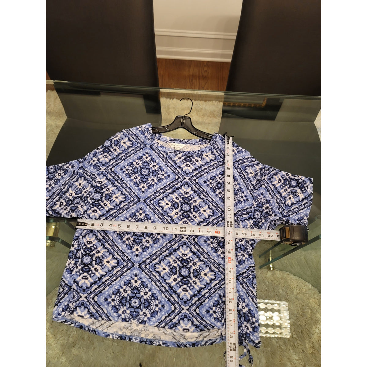 Counterparts Blouse Top Women's SZ XL Blue Ikat Drawstring Side Slit Boat Neck