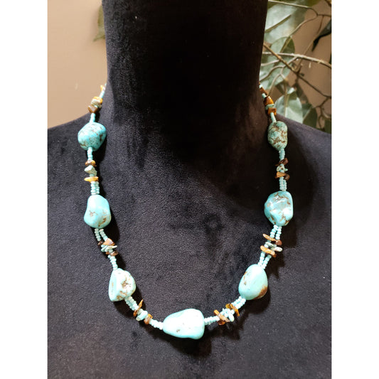 Women Chunky Simulated Turquoise Stones Seed Beads Statement Necklace w/ Lobster