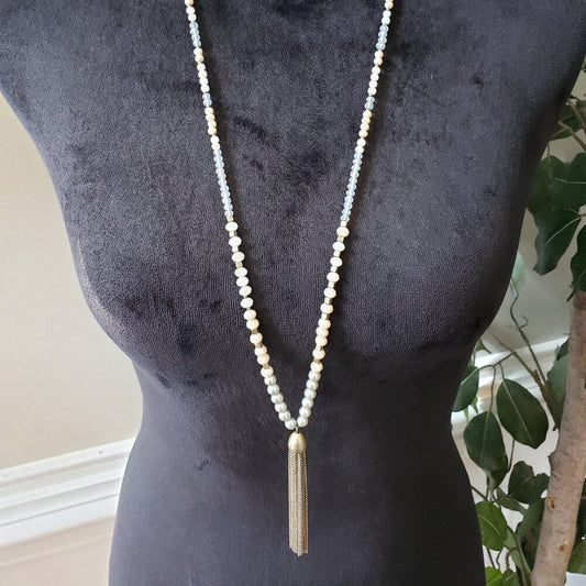 Womens Gold Tone Faceted Beads Faux Pearl Tassel Chain Necklace w/ Lobster Clasp