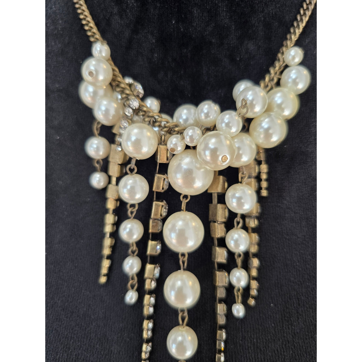 Faux Pearl Gold Tone Cascading Fringe Statement Necklace Elegant Fashion Jewelry