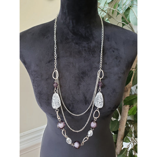 Womens Silver Tone Three Strand Faceted Purple Crystal Beads Statement Necklace