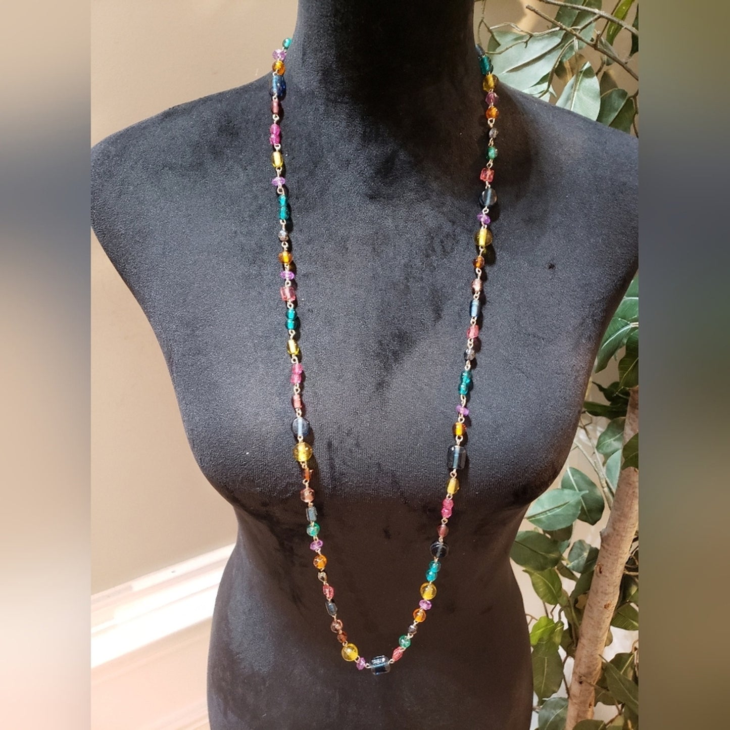 Womens Fashion Silver Tone Multi Color Glass Beads Long Necklace with Lobster