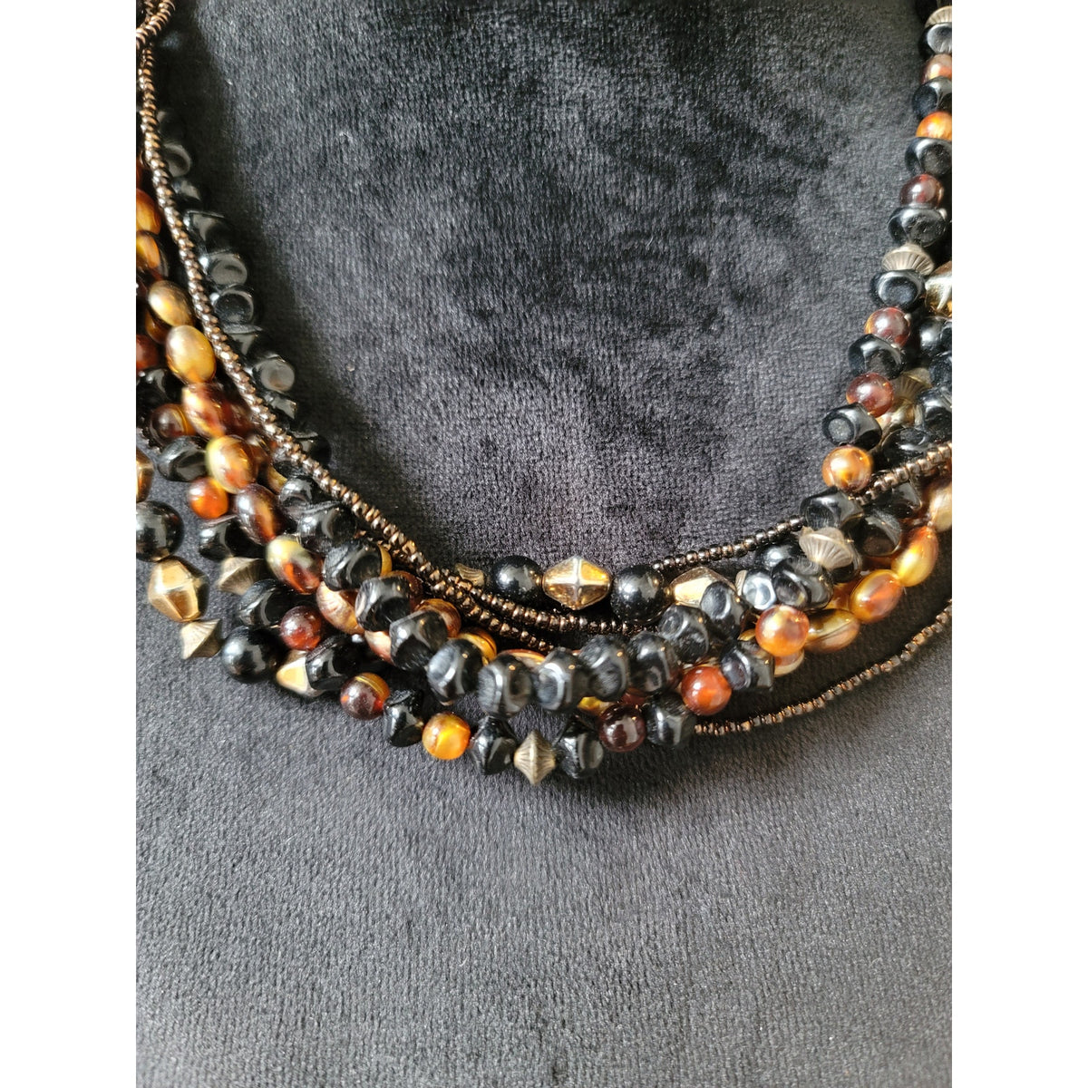 Chico's Women's Multi Strand Beaded Necklace Black Brown Gold Tones Lobster Clasp