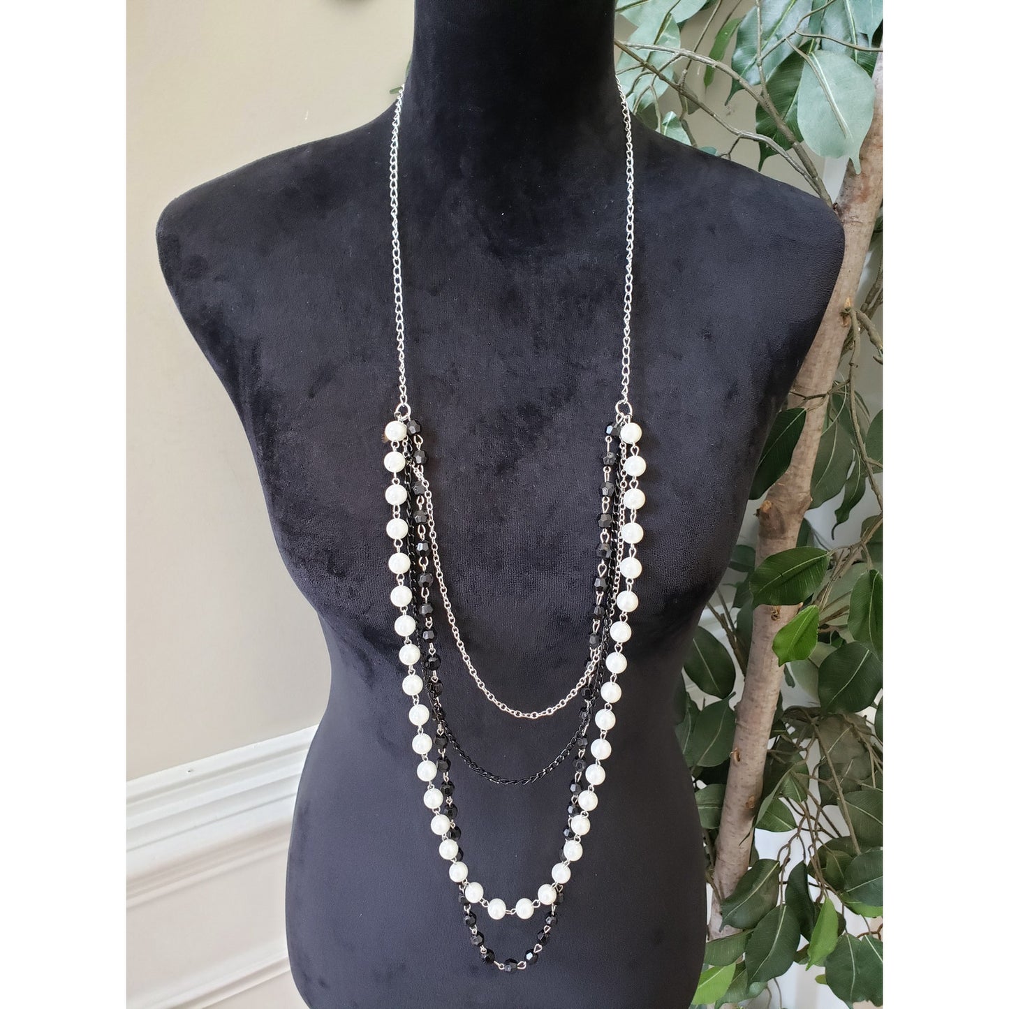 Women Two Tone Faux Pearls Faceted Round Beads Multi Strand Chains Long Necklace