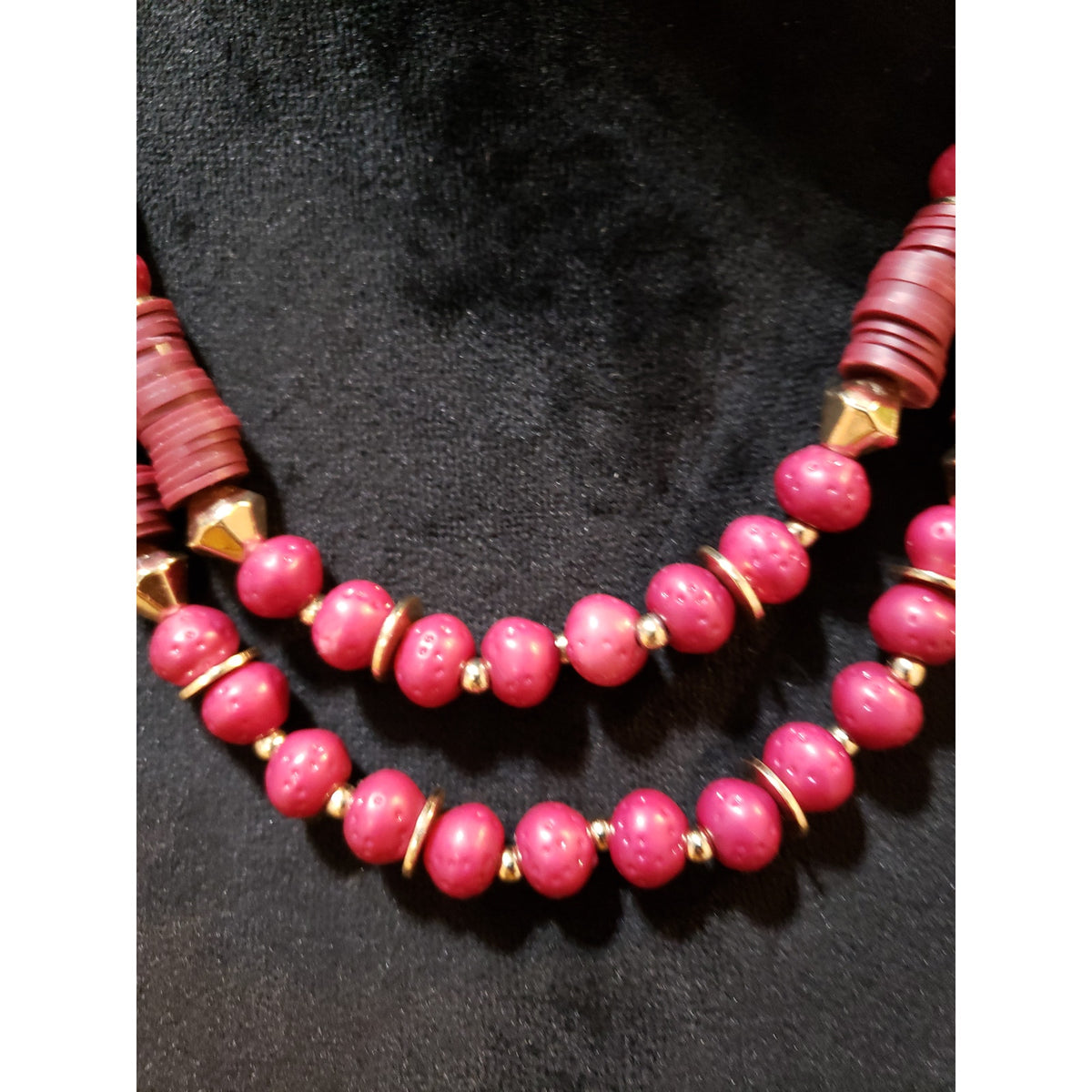 Women Fashion Boho Gold Tone 2 Strand Pink Plastic Beaded & Spacers Bib Necklace