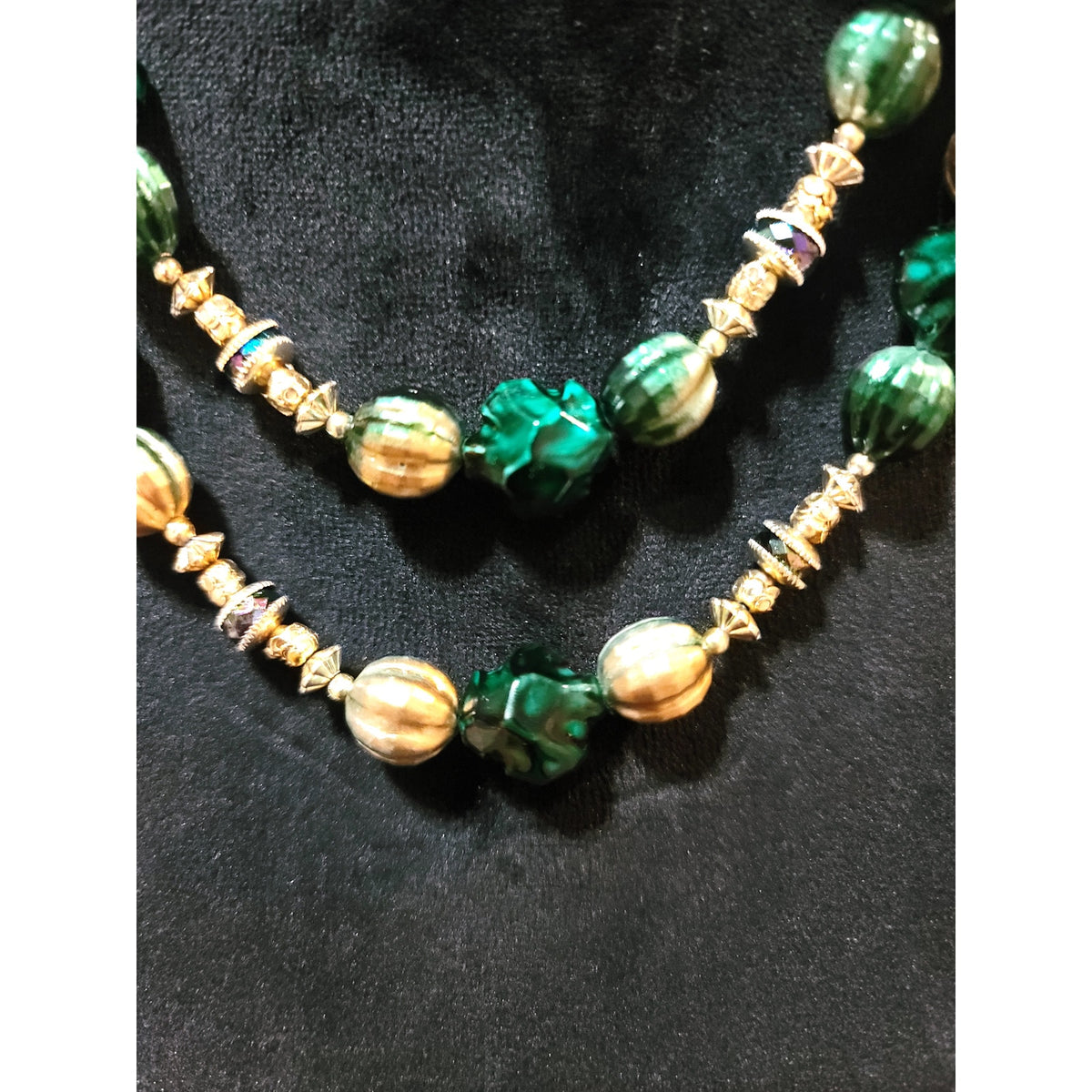 Women's Green & Gold Beaded Necklace Double Strand with Clasp Jewelry