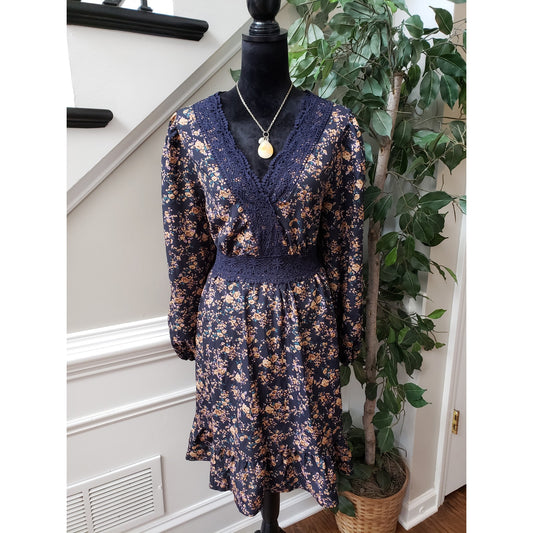 SheIn Curve Sheath Dress Womens 2XL Blue Floral Long Sleeve V Neck Lace Trim