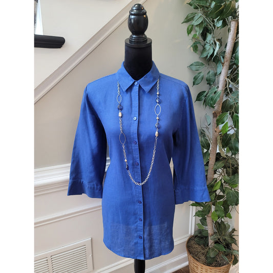 Chico's Linen Button Front Tunic Shirt Women's Size 1 Medium Blue Long Sleeves