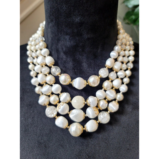 Chunky White Beaded Multi Strand Statement Necklace Pearl Look Bib Jewelry