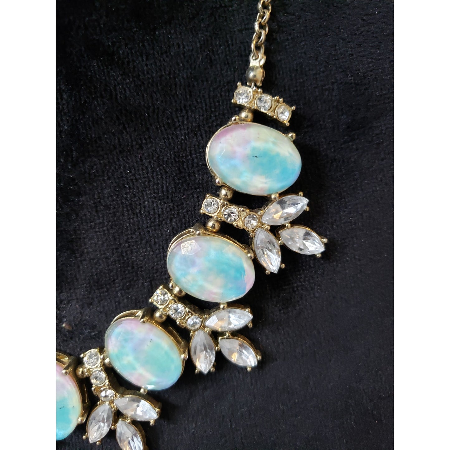 Women's Opal Statement Necklace White Crystal Gold Chain Lobster Clasp Elegant