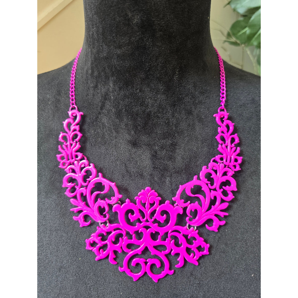 Hot Pink Filigree Floral Cutout Statement Necklace