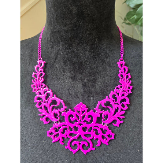 Hot Pink Filigree Floral Cutout Statement Necklace