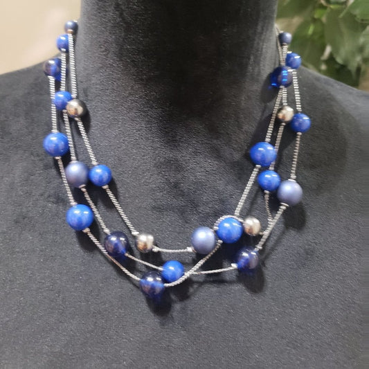 Women Triple Layered Blue and Silver Color Charm Beads Statement Choker Necklace