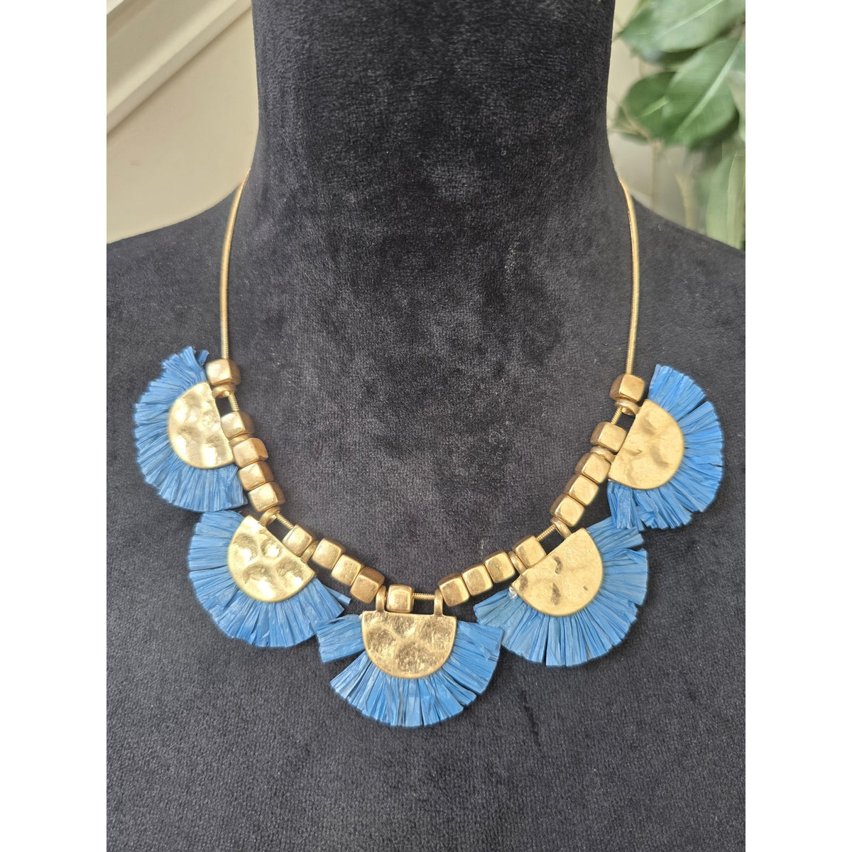 Blue Fringe Gold Disc Statement Necklace