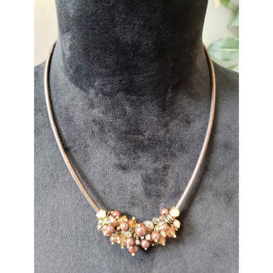 Women's Brown Leather Cord Necklace Cluster Beads Gold Tone Lobster Clasp Boho