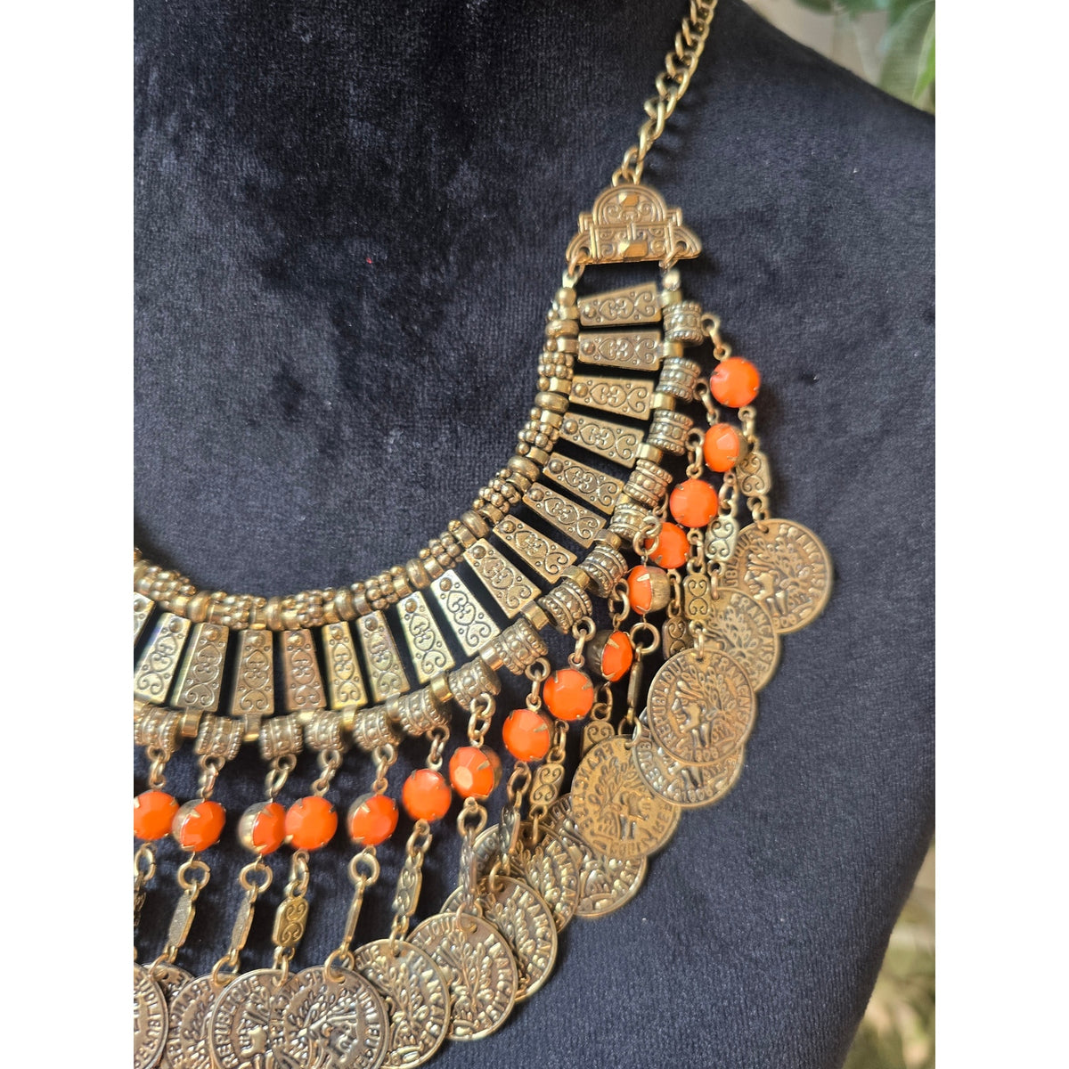 Lightweight Antique Gold Tone Orange Beaded Coin Bib Statement Necklace Boho