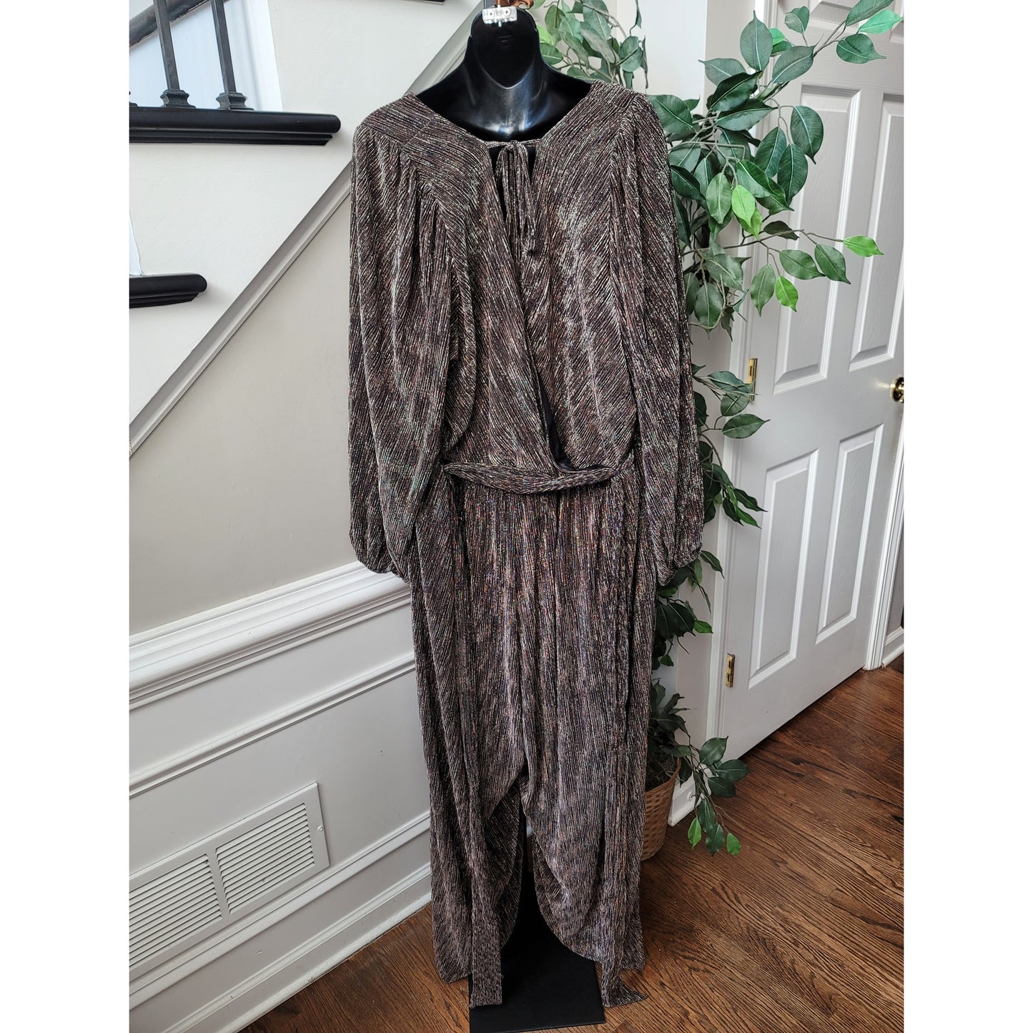Lane Bryant Jumpsuit Women Size 26/28 Brown Metallic Wide Leg Long Sleeve Belted