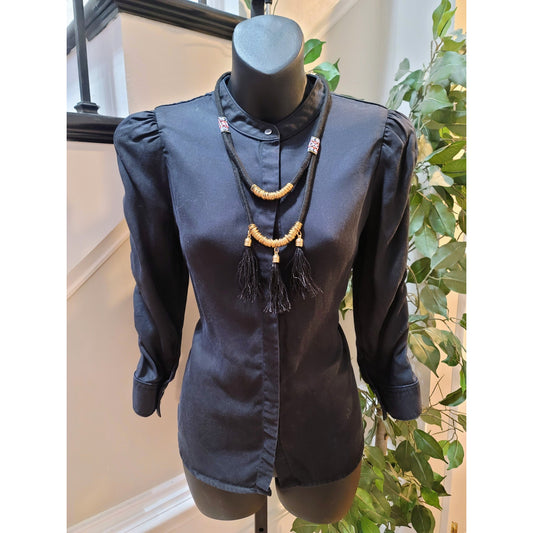 White House Black Market Shirt X-Small Black Band Collar Puff Shoulder Button-Up