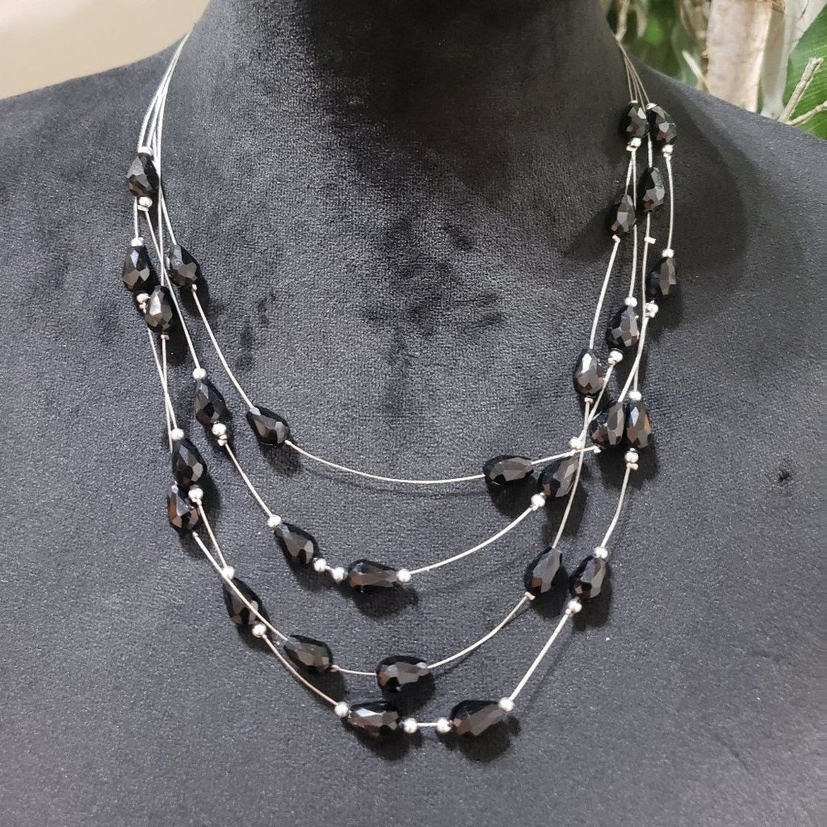 Fashion Three Layer Handmade Charm Necklace Black Rhinestones Beaded With Lobste