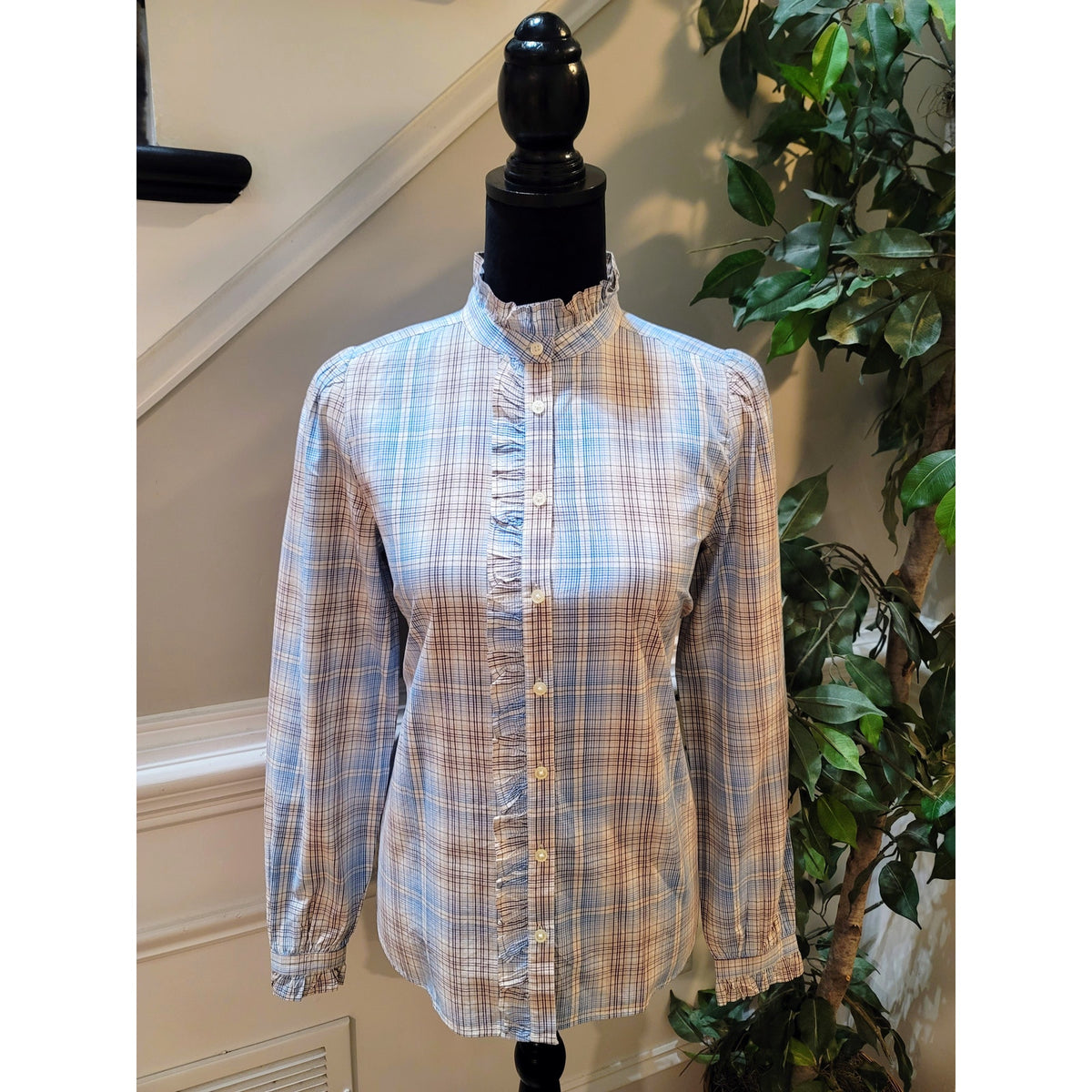 Loft Shirt Women XS Multi Cotton Plaid Ruffle Band Collar Curved Hem Button-Up